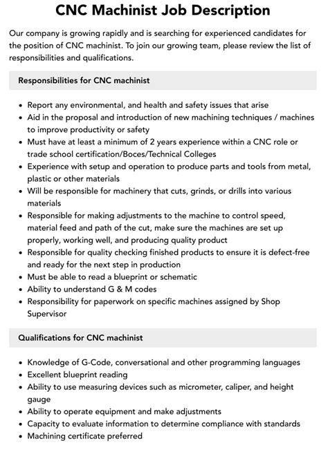 job description for cnc machinist